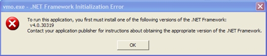 vmo.exe - .NET Framework Initialization Error